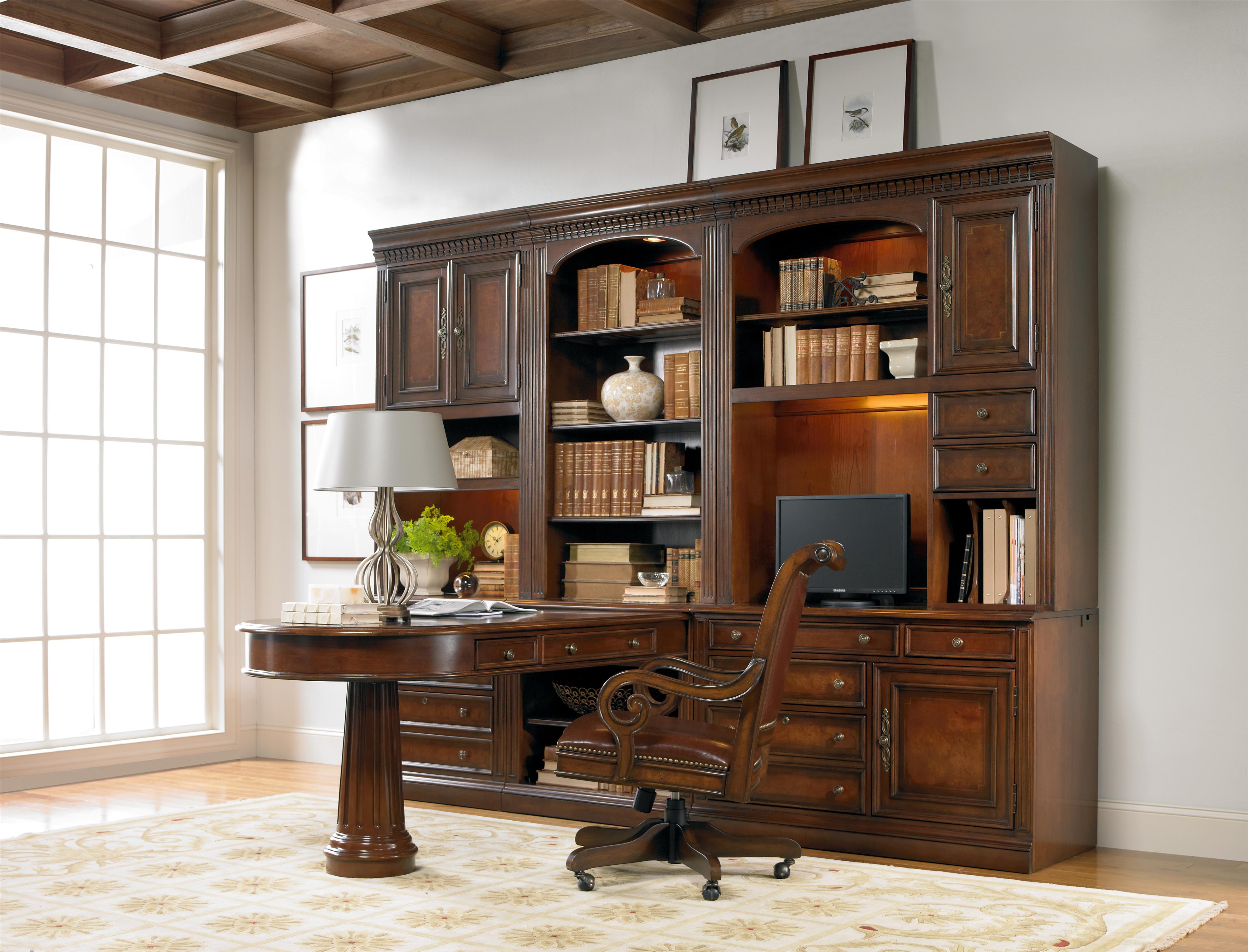 Hooker Furniture European Renaissance II Office Wall Unit with Peninsula Desk, Computer Credenza